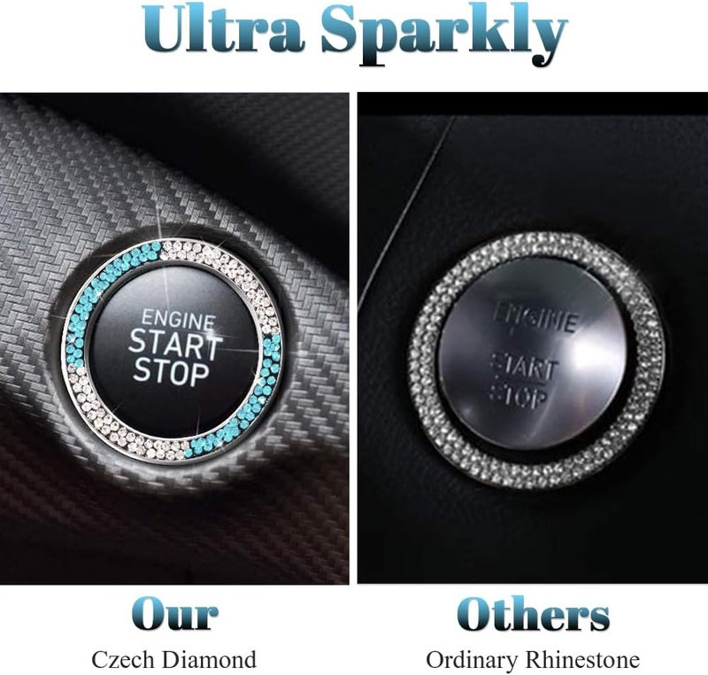 ToBeQueen Teal Bling Push Start Button Cover Emblem Sticker, Crystal Diamond Rhinestone Blue Engine Start Ring Car Decor, White and Teal Bling Car Accessories for Women,Lake Blue - Image 3